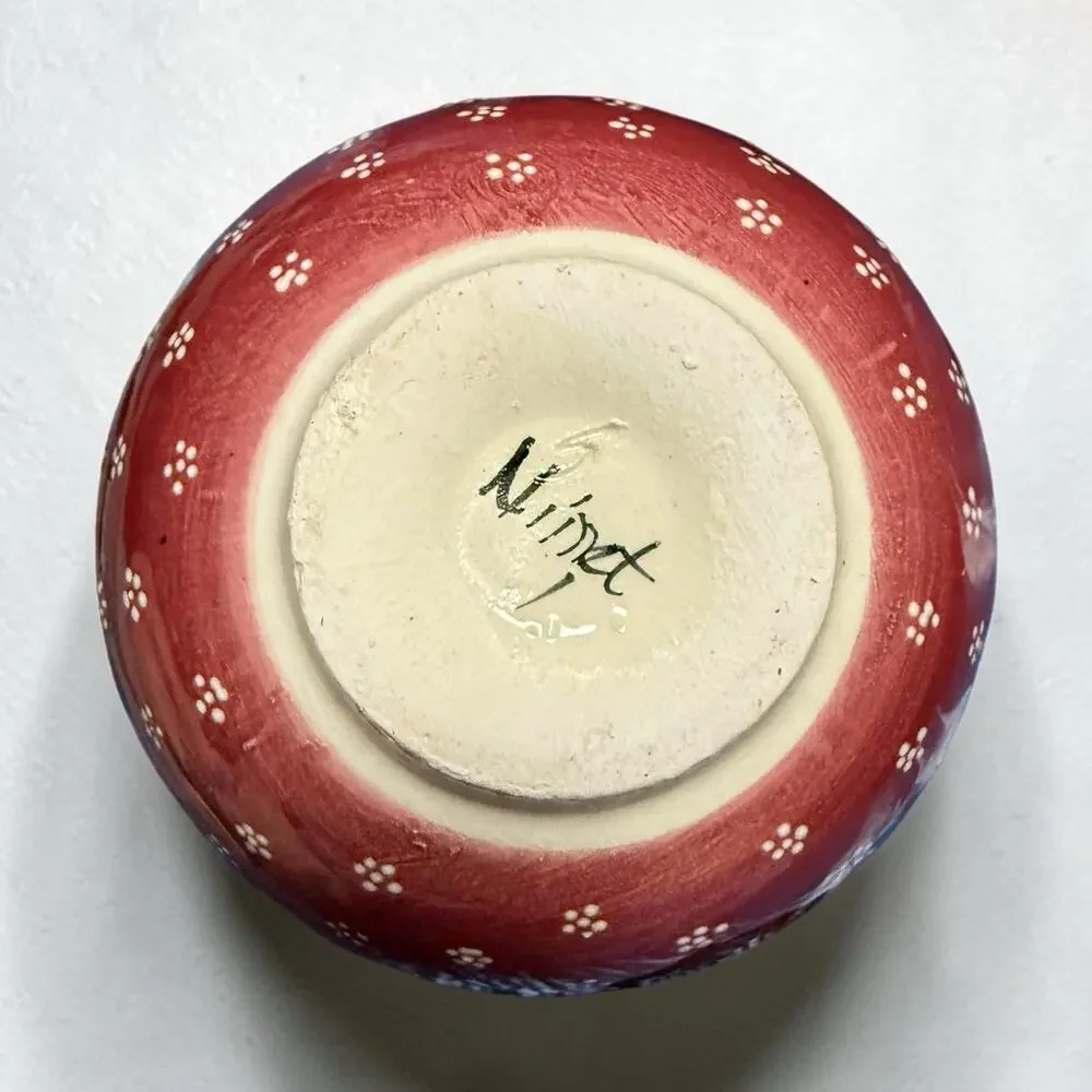 Nimet Handmade Hand Painted Turkish Bowl Set of 4 Red Floral Pottery